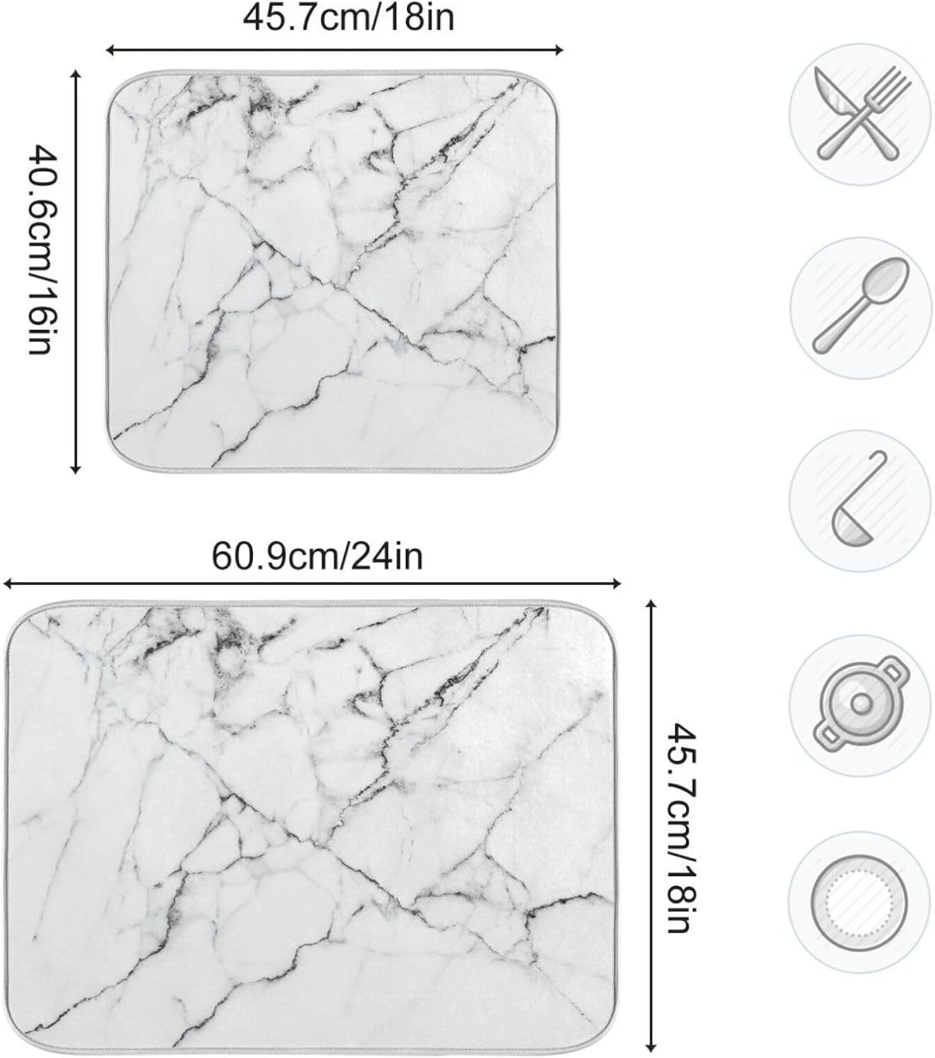 White Grey Marble Dish Drying Mat for Kitchen Counter Absorbent Microfiber Drying Pad, Medium 16x18 in, Reversible Drainer Mats