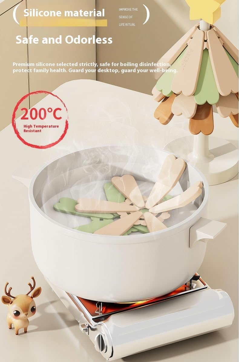 Christmas Tree Silicone Hot Pad, 4-Pack Heat Resistant Trivet for Pots and Pans, Holiday Kitchen Potholder, Coaster, Christmas Table Decor (Four Layers of Yellow-Green Color + Apple)