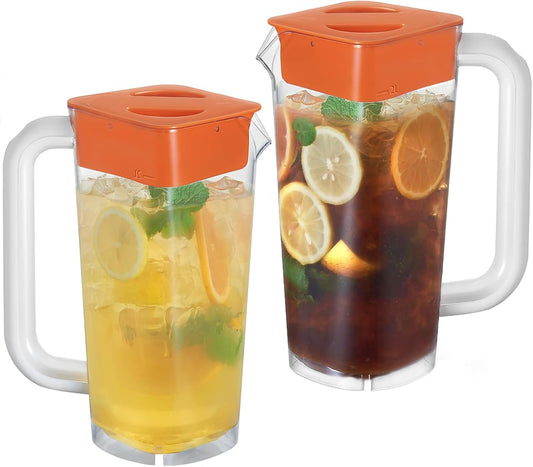 CURTA 2 Pack 2 Liters/68 oz Plastic Square Pitcher with Lid & Handle for Kitchen,ICED JUICE and Coffee Carafe Beverage Serveware, Acrylic Water Jug for Hot/Cold Drinks&lemonade