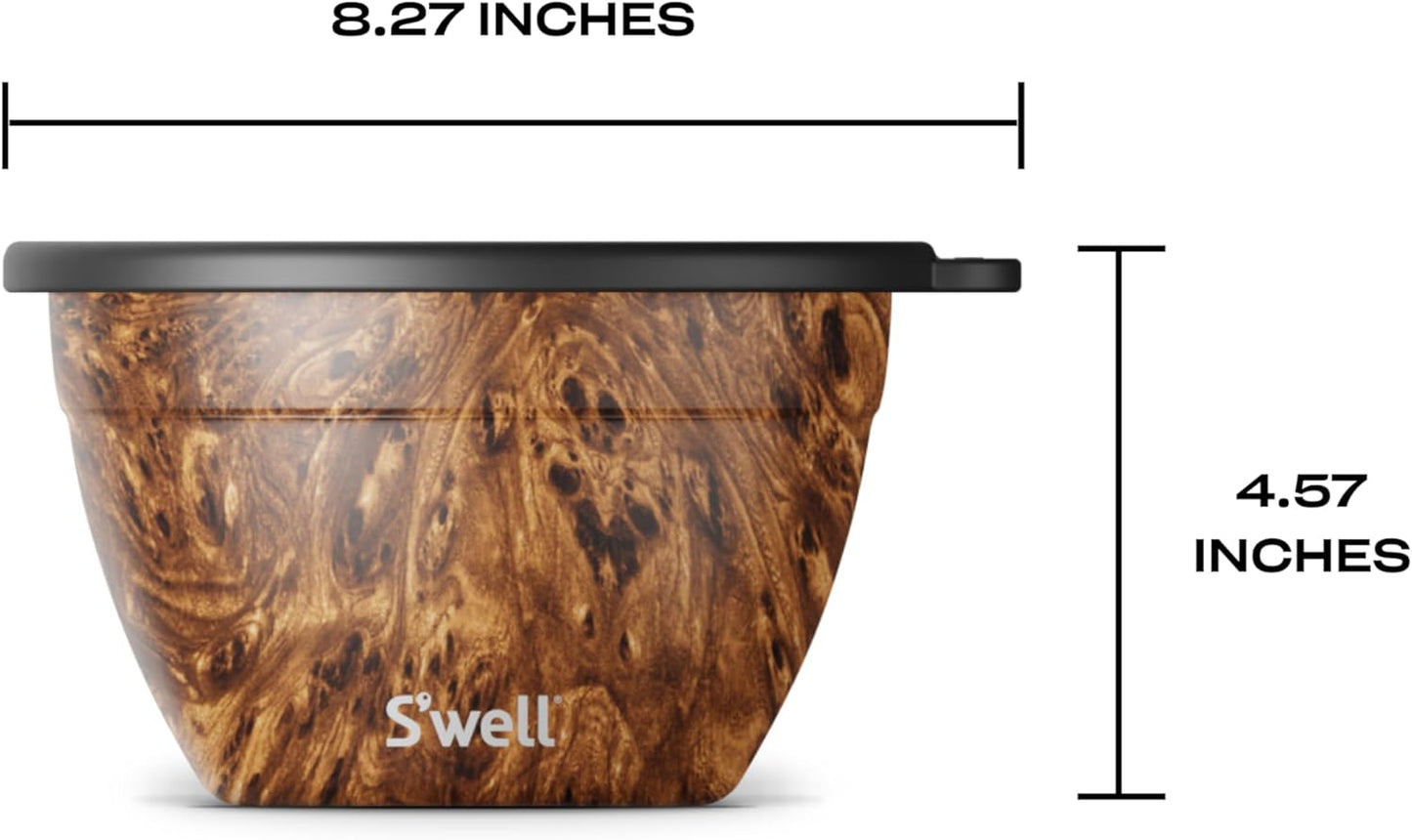 S’well Stainless Steel 64oz Salad Bowl Kit, Teakwood Finish, Includes 2oz Condiment Container and Removable Tray, Leak-Proof and Easy to Clean, Dishwasher Safe