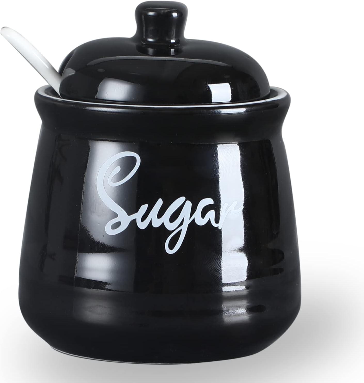 HAOTOP Farmhouse Porcelain Sugar Bowl with Lid and Spoon 12oz,Easy to Clean (Black)