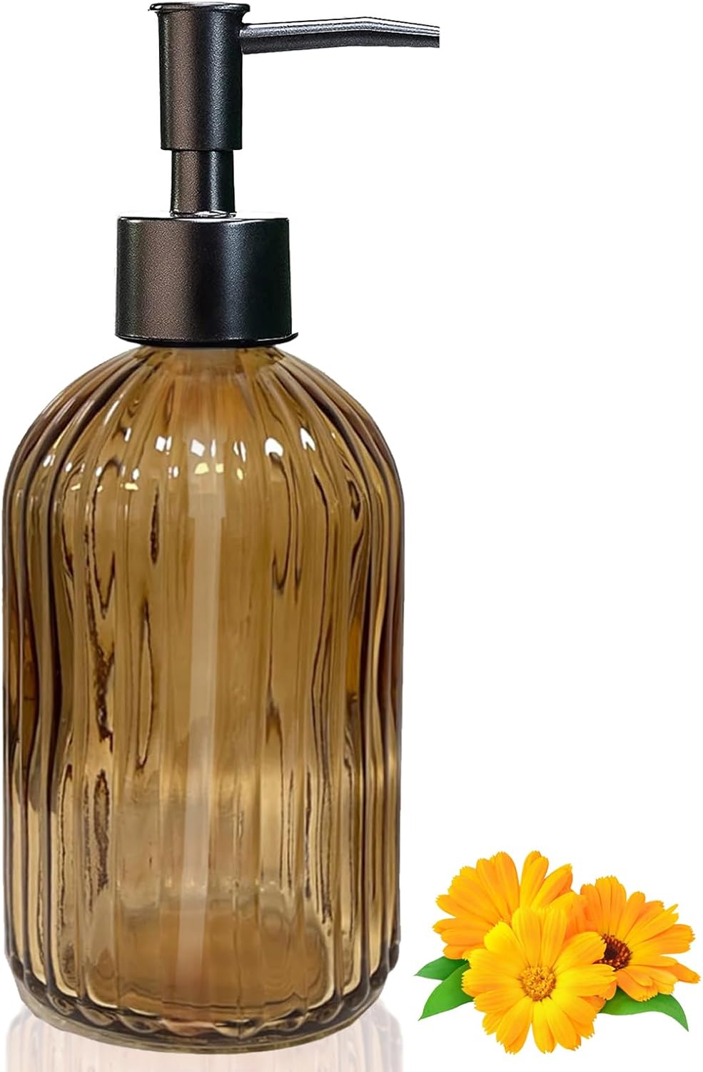 14Oz Black Pump Glass Soap Dispenser, Brown Stripe Countertop Refillable Liquid Bottle Hand Dish Lotion Dispenser with Plastic Pump, for Kitchen, Bathroom