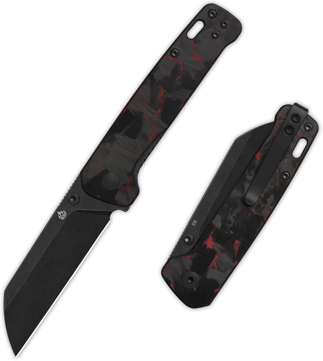 QSP Penguin V2 Folding Pocket Knife, 3.06" D2 Black Stonewash Blade EDC Knife, Red Shredded CF Overlay G10 Handle, Liner Lock, Ceramic Ball Bearings, Reversible SS Deep Carry Clip