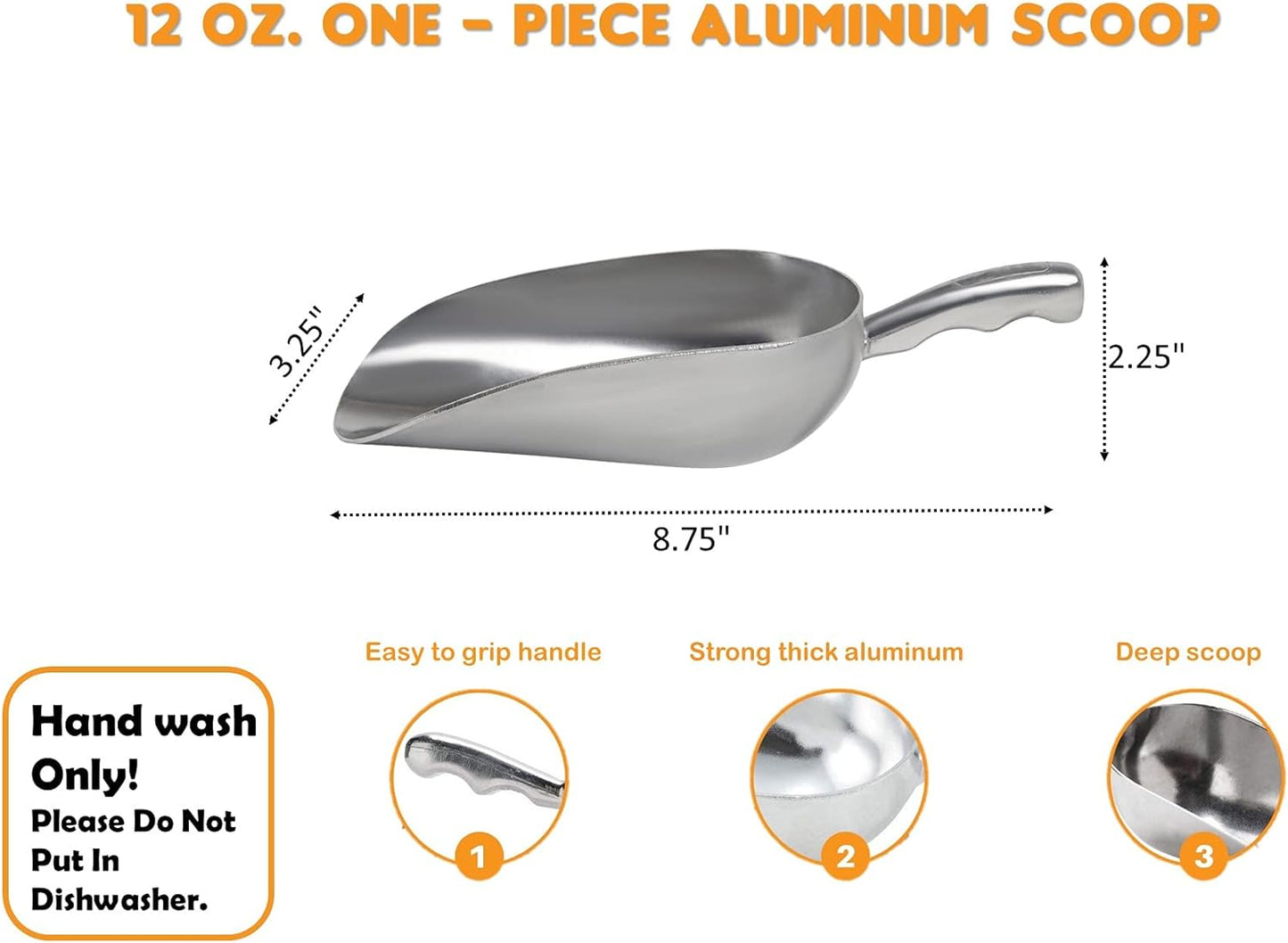 Cast Aluminum Utility Scoop - 12 oz. - Round Bottom, ice scoop For Multi-Purpose Use, With Finger Groove Handle (Hand Wash Only) (12 oz.)