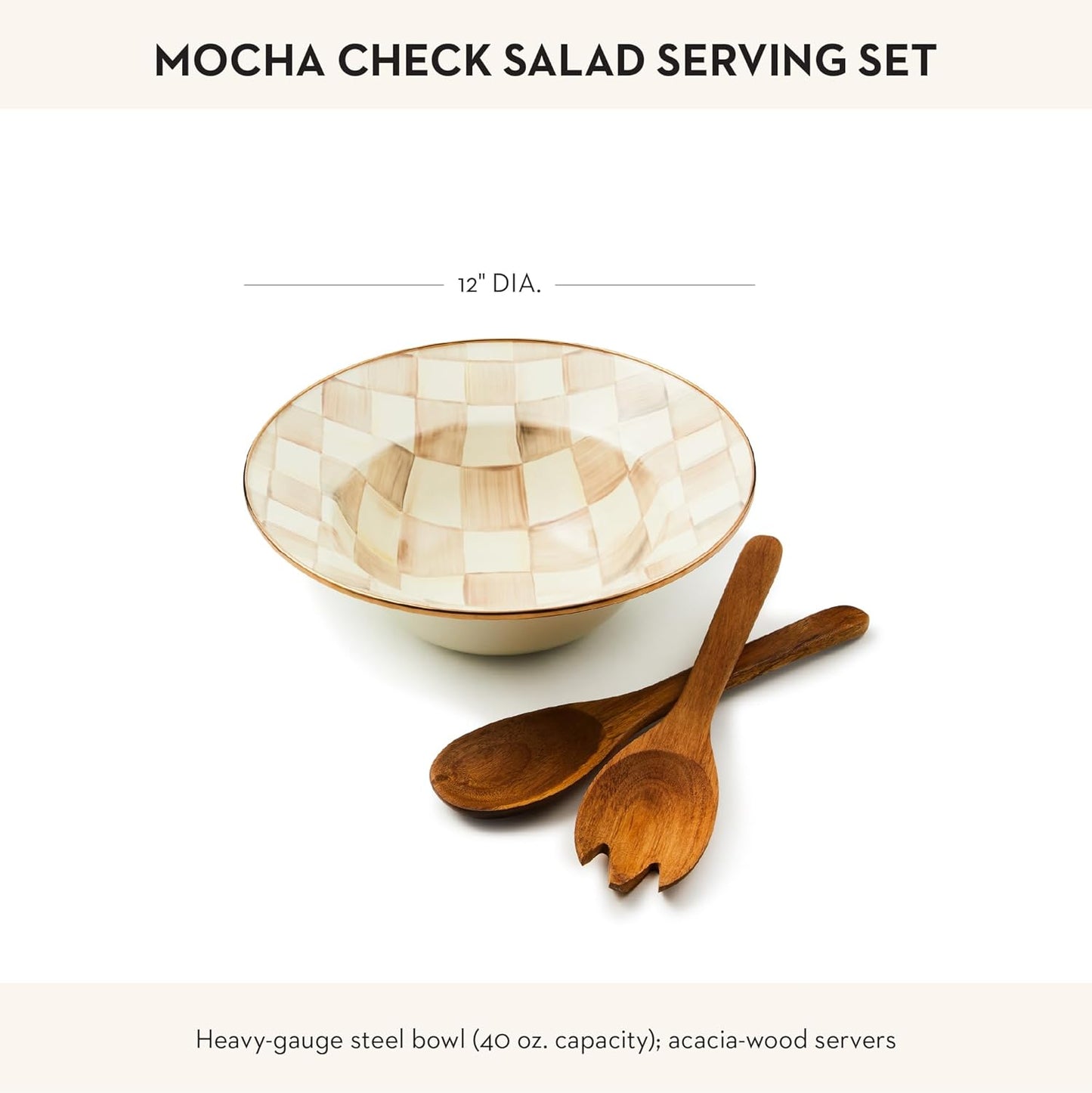 MACKENZIE-CHILDS Enamel Salad Serving Set, Enamel Bowl and Wooden Salad Servers, Decorative Kitchen Set, Brown-and-White Mocha Check