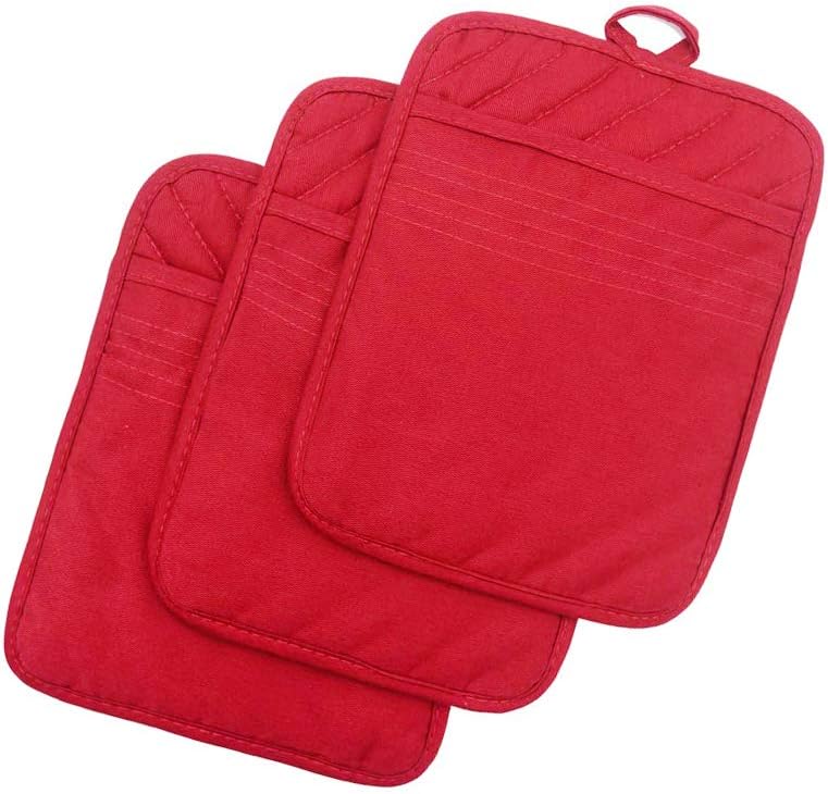 Anyi Pot Holders and Oven Mitts 7" X 9" Heat Resistant Cotton Pocket Pot holder Set Feature of Non Slip Kitchen Hot Pad Oven Mitts, 3-pack, Red