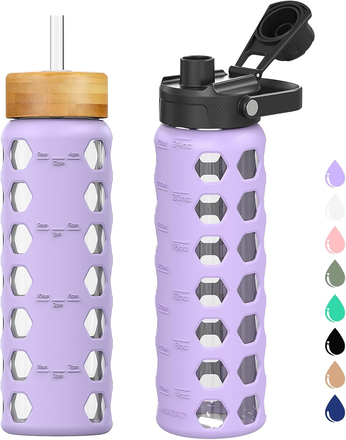 MUKOKO Glass Water Bottles, 24oz Glass Tumbler with Straw, Drinking Bottles with 2 Lids-Handle Spout Lid&Bamboo Straw Lid, Motivational Water Bottle with Time Marker and Silicone Sleeve, 1 Pack-Purple