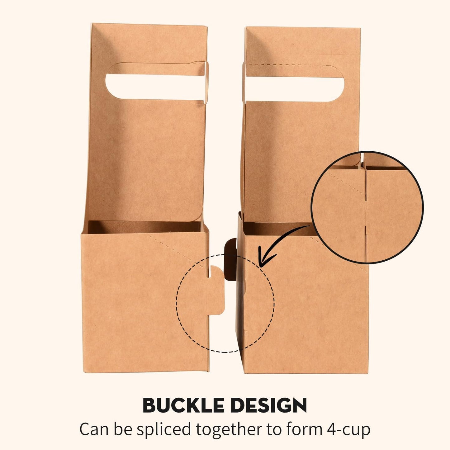 Lamido 100 Pack Disposable Kraft Drink Carrier with Handle, Assemblable Paper Cup Holder for 2 Cups or 4 Cups, Fit 8-32 oz Cups, to-Go Coffee Cup Holder for Food Delivery