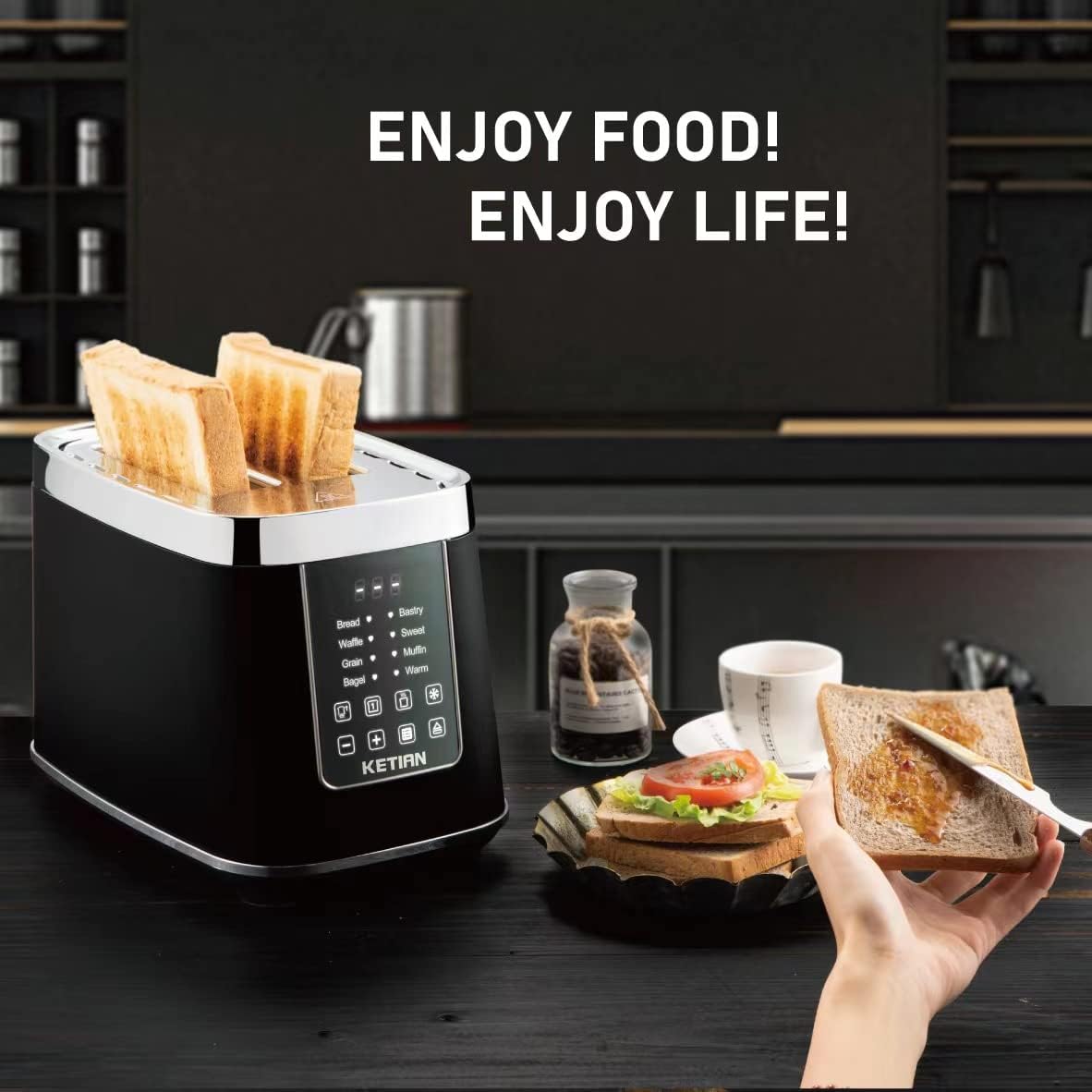 Smart Toaster Touchscreen, KETIAN Automatic Electric Digital Toaster 2 Slice, 7 Browning Settings, Preset Modes for 7 Types of Bread, 1400W