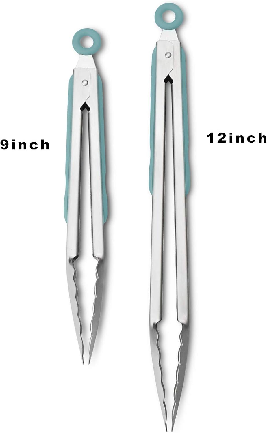 304 Stainless Steel Kitchen Cooking Tongs, 9" and 12" Set of 2 Sturdy Grilling Barbeque Brushed Locking Food Tongs with Ergonomic Grip, Aqua Sky