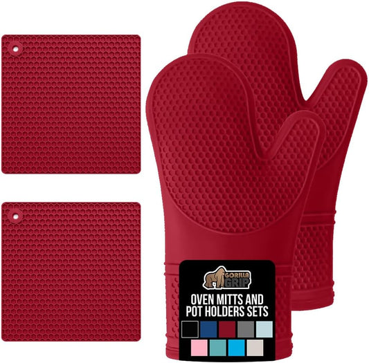 GORILLA GRIP BPA-Free Soft Silicone Oven Mitts and Pot Holders Sets of 4, Heat Resistant Waterproof Cooking Gloves, Thick Cotton Lining, Flexible Gripping for Baking Grilling, Kitchen Trivets, Red