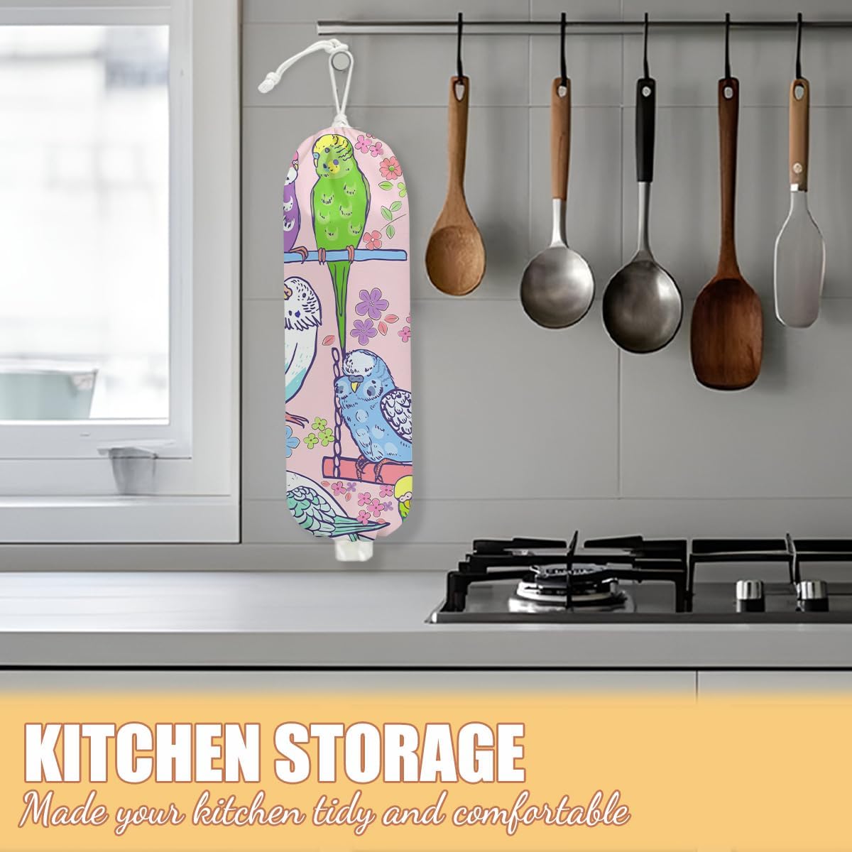 Parrot Plastic Bag Holder, Wall Mount Grocery Bag Holder, Plastic Storage bag, Pull Rope Free Adjustment, Plastic Bag Holders for Grocery Bags, Plastic Bag Dispenser for Home Kitchen