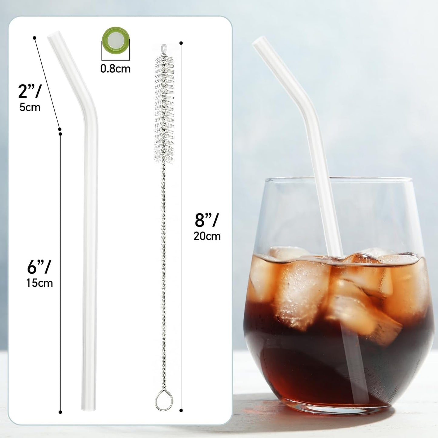 12 Pcs Reusable Glass Straws 8"x 8 mm Bent Glass Drinking Straws with Cleaning Brush for Tea, Smoothies, Milkshakes, Juices,Beverages(White jade)
