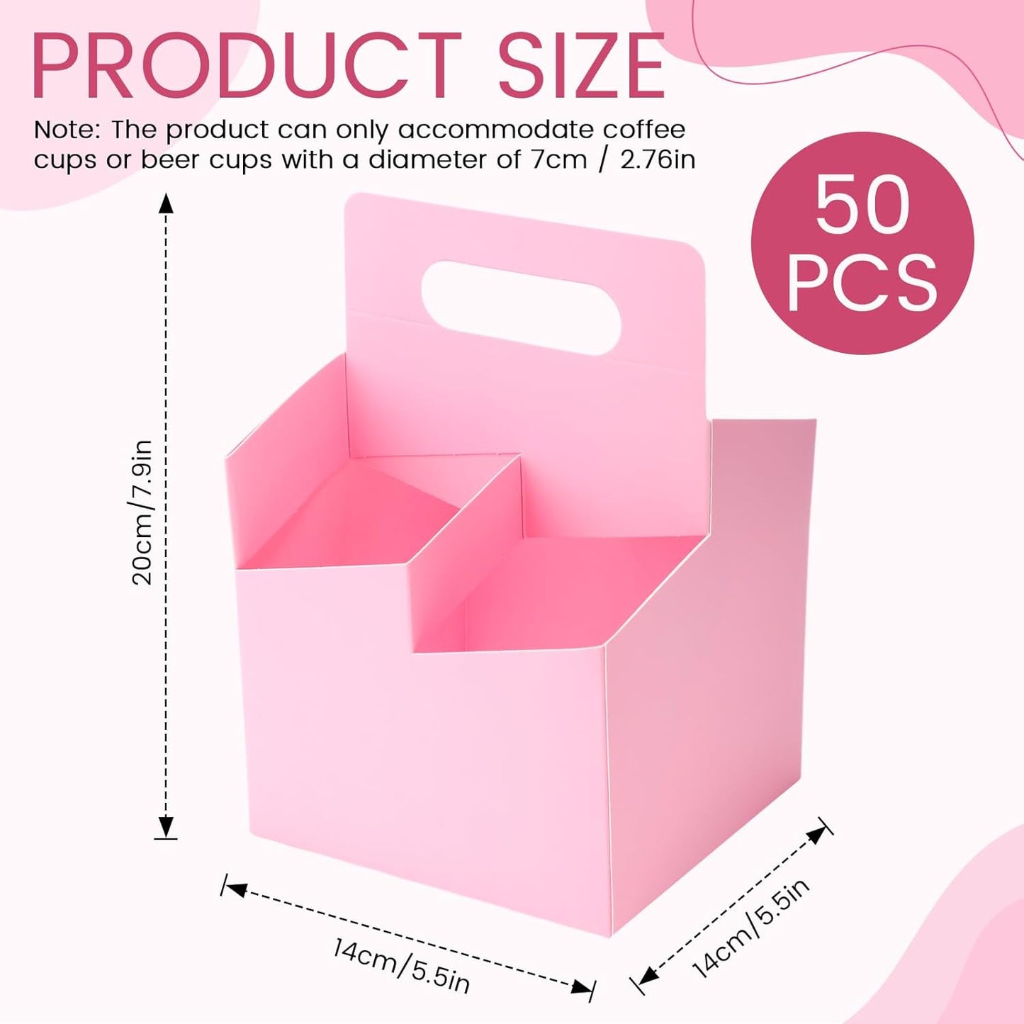 Jetec 4 Cup Drink Carrier with Handle, Kraft Paperboard Beer Carrier, Disposable Drink Holder for Hot or Cold Drinks, 12-16 oz Bottle Holder for Soda and Other Bottled Products(50 Pcs,Pink)