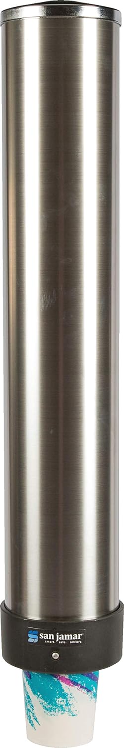 San Jamar Pull-Type Cup Dispenser 12-24 Oz. Cups for Restaurants, Home, and Office, Plastic, 23.5 Inches, Silver