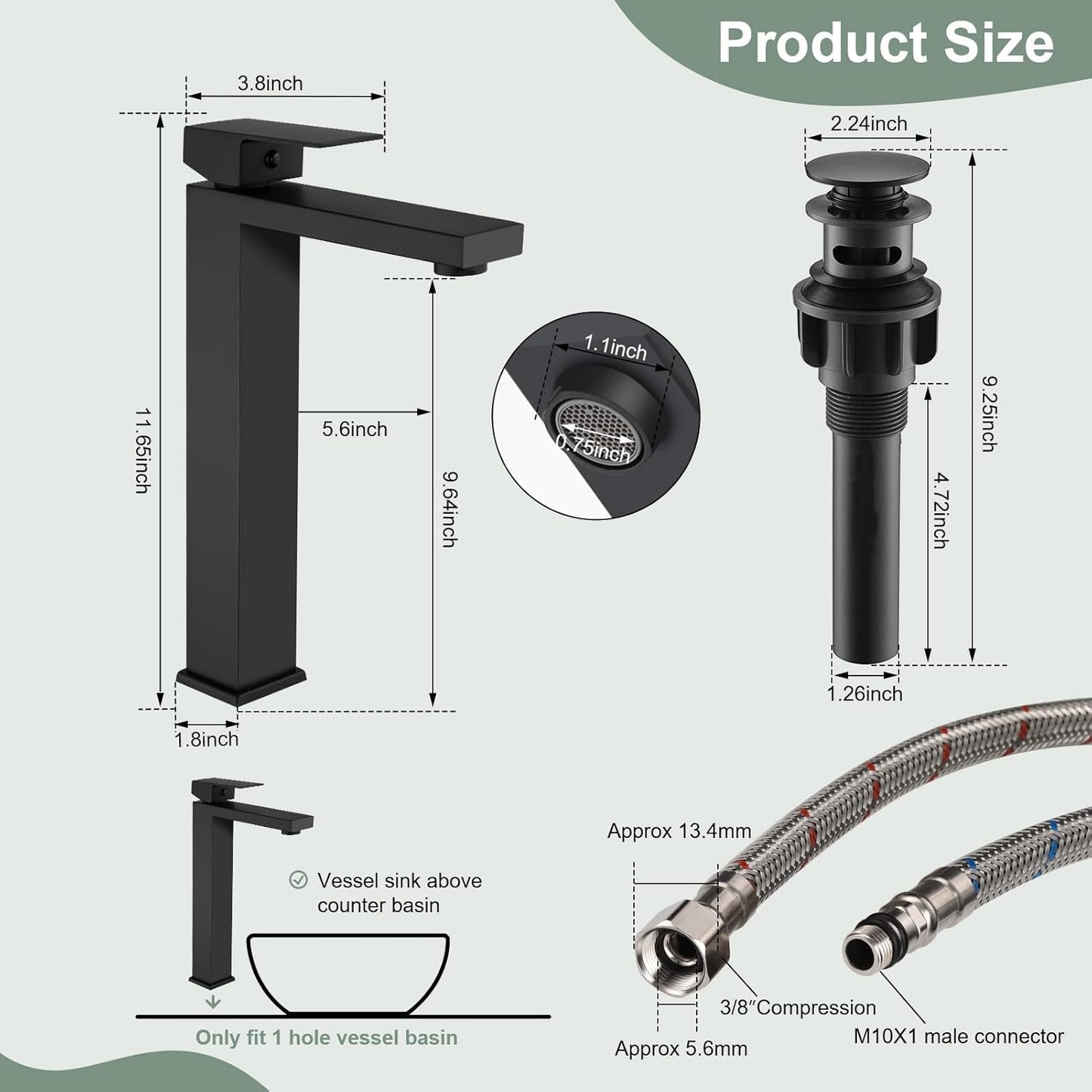 Matte Black Bathroom Faucet Single Handle 1 Hole Tall Bathroom Vessel Sink Faucet, 304 Stainless Steel Modern Vanity Faucet Basin Mixer Tap with Water Supply Hose and Pop Up Sink Drain