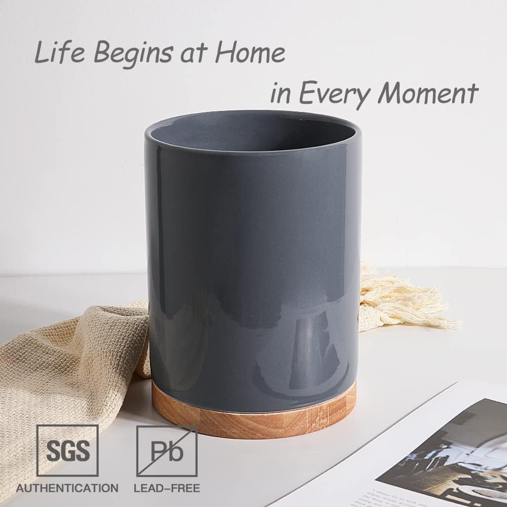 Sweejar Kitchen Utensil Holder with Wooden Bottom, 8.2" Ceramic Utensil Crock to Hold Spatulas for Cooking Countertop, Housewarming, Wedding, Birthday Gift (Gray)