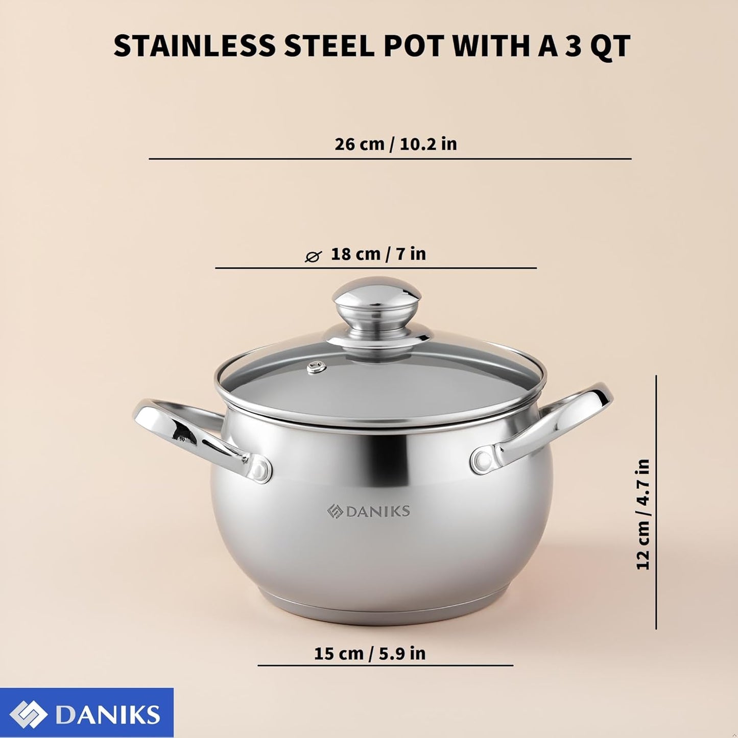 Daniks Classic Stainless Steel Stock Pot with Glass Lid – Induction 3 Quart, Dishwasher Safe, Measuring Scale, For Soup, Pasta, Stew, Silver