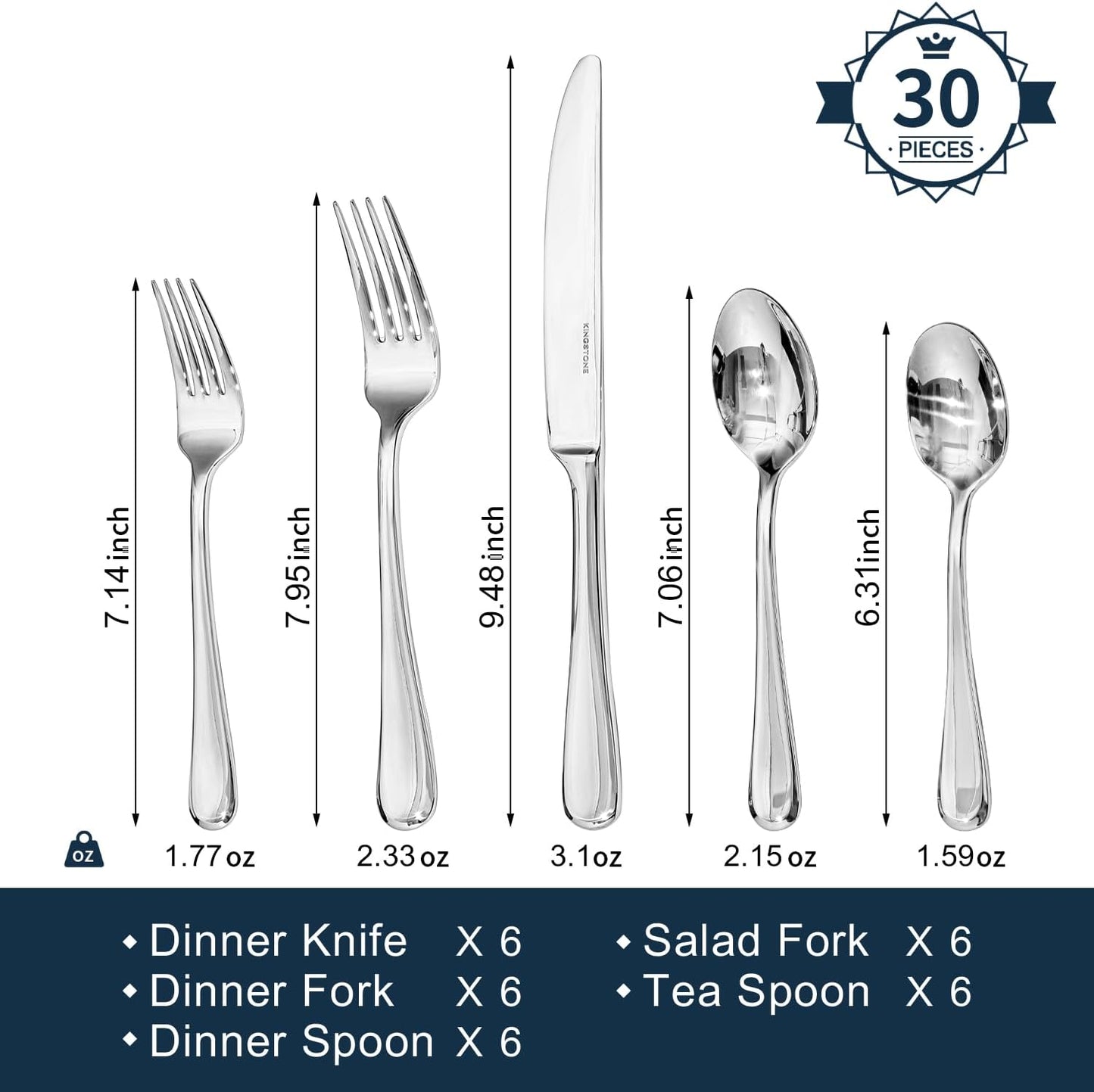 KINGSTONE 30 Pieces Silverware Set for 6, Premium Stainless Steel Flatware Set, Heavy Duty and Modern Design Cutlery Set, Mirror Polished, Dishwasher Safe