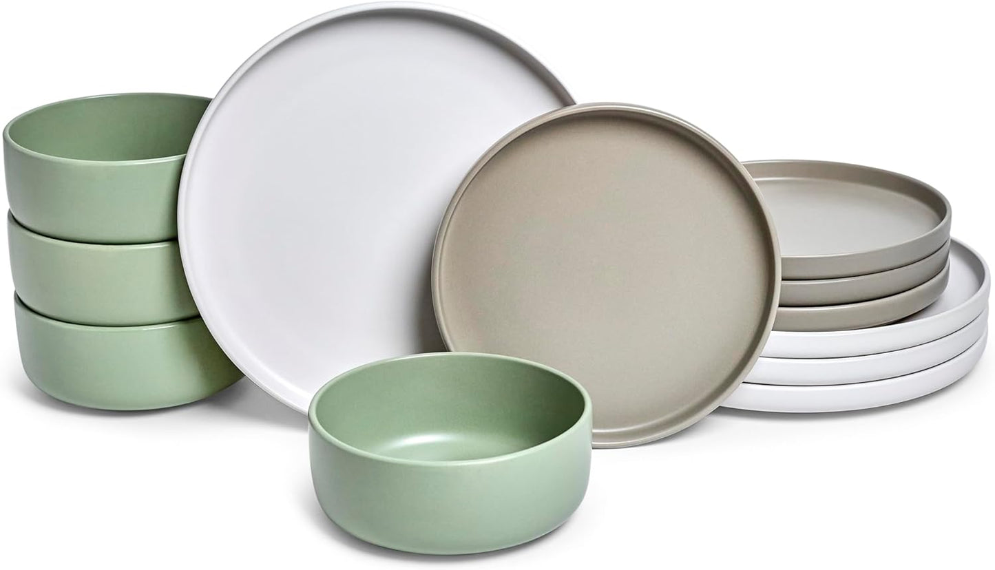 Sango Rollo Alta 12-Piece Modern Stoneware Dinnerware Set- Sage/Sand/White, Includes Dinner & Salad Plates, Cereal Bowls, Microwave & Dishwasher Safe, Highly Chip and Crack Resistant, Service for 4