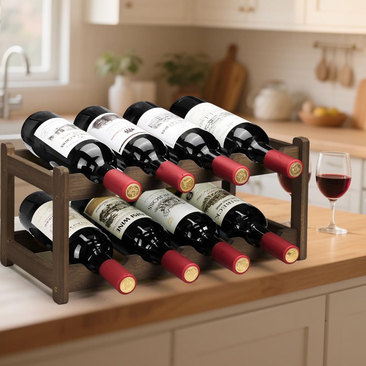 Wine Rack 8 Bottle 2-Tier Eco-Friendly Bamboo Wine Storage Easy-Assembly Space-Saving for Wine Lovers,Kitchen Wine Organizer for Countertop,Pantry, Home,Room Decor,Bar