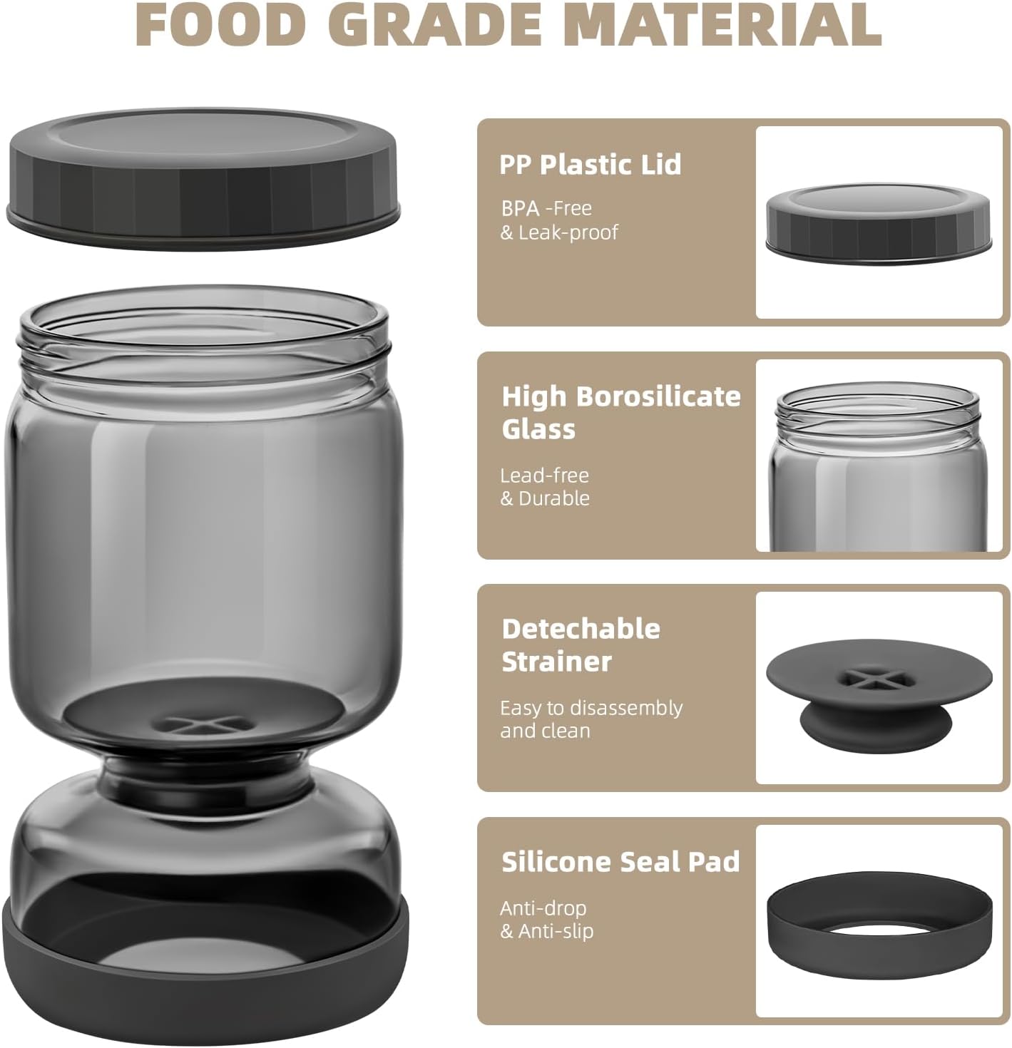 Luvan Pickle Jar with Strainer Flip, 34oz Pickle Container with Strainer, Upside Down Pickle Flip Jar,Glass Pickle Holder with Leakproof Airtight Lid, Hourglass Pickle Storage for Olive,Jalapeno-Grey