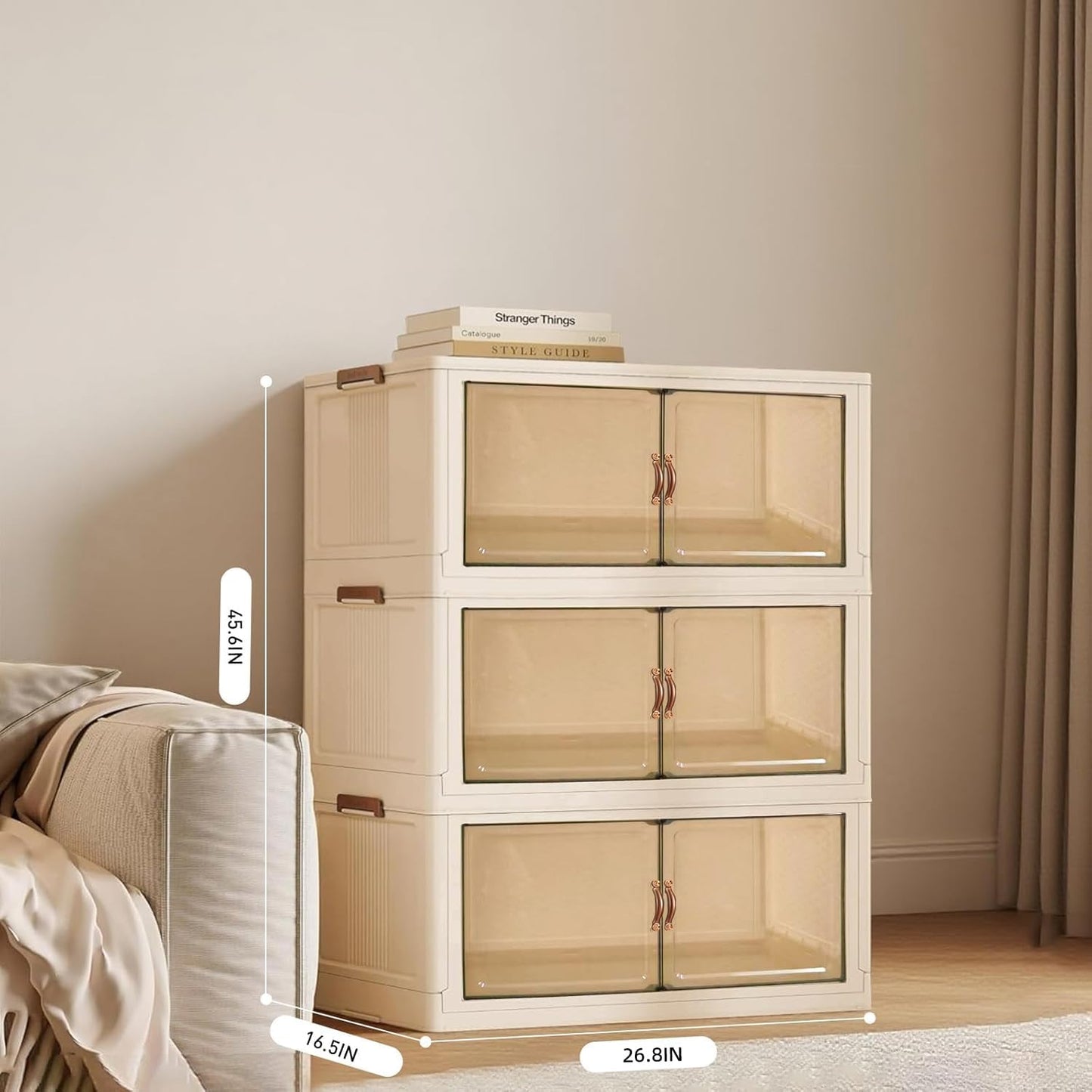 YUFER 3 Tier Box Plastic Stackable Folding Storage Bins with Lids and Doors,360/480 QT Open Front Storage Bins Organizers for Bedroom Clothes - 1 Box 120 QT White