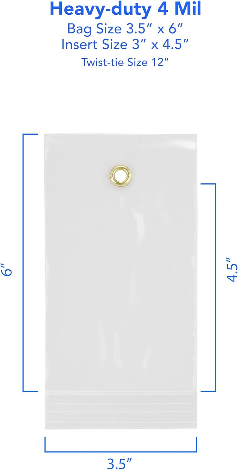 GPI - 3.5" x 6" Reclosable Zip Bags with Bottom Hang-hole & Pre-inserted 12" Twist-tie. 4 Mil Heavy-duty Resealable Zipper Baggy with Grommet/Metal Eyelet for Hanging (Insert Size 3x4.5) 1000 Pack