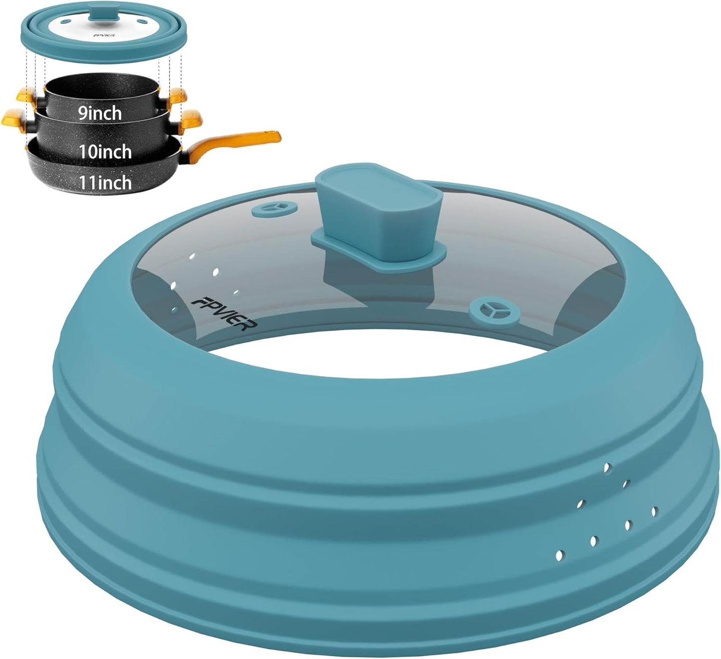 Microwave Splatter Cover, Vented Silicone and Glass Cover Splatter Guard Lid, Food Collapsible Plate Cover Lid with Easy Grip Handle. (Blue, 11.8 inch)