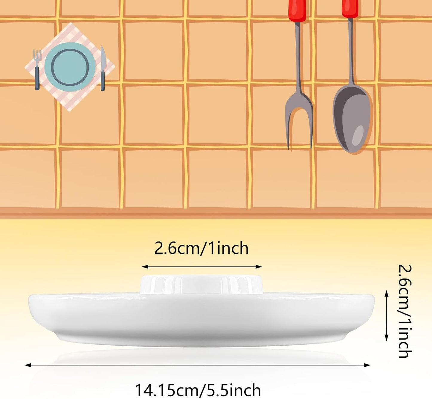 Cinf EggHolder & Spoon Set 2 Ceramic Egg Holders + 2 SS Spoons Breakfast Plate White 5.5'' Food Container Egg Tray Dinner Serving for Hard Boiled Eggs, Easter & Deserts Kitchen