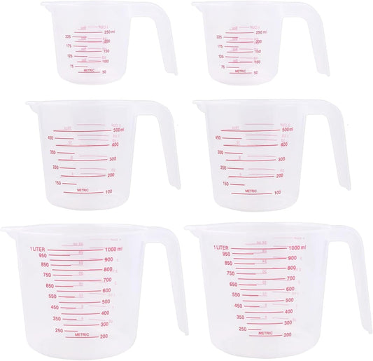 Unbreakable Plastic Measuring Cups 6 Piece Food-Grade Measuring Jugs, 250ml/500ml/1000ml- Capacity, Stackable and Dishwasher-Safe, Great for Oil, Vinegar, Flour, More Essential Kitchen Tools