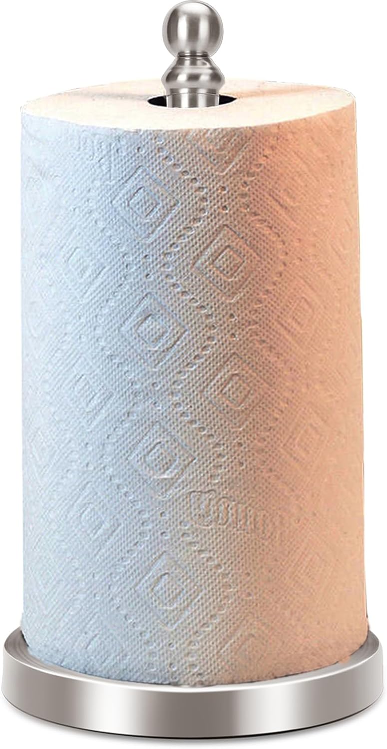 Paper Towel Holder Countertop with Weighted Base, One-Handed Design No Tipping Over, Stainless Steel Paper Towel Holder Stand in Brushed Nickel Finish