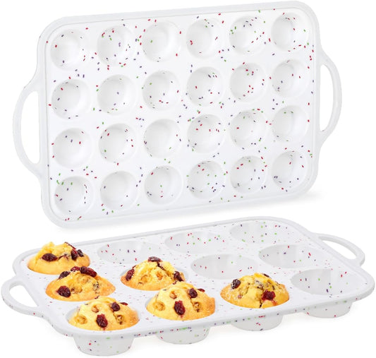 12 Cups & 24 Cups Silicone Muffin Pan with Metal Frame, Regular & Mini Muffin Pan Set for Baking 2 Pack
