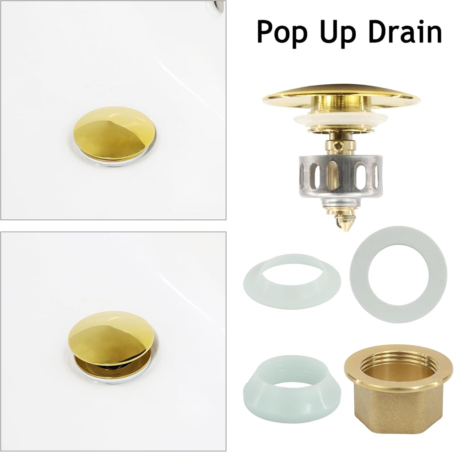 Bathroom Sink Drain, 2 Pack Gold Drain Stopper Without Overflow,Pop Up Drain Assembly Without Detachable Strainer Basket,Built-in Anti-Clogging Strainer,Stainless Steel