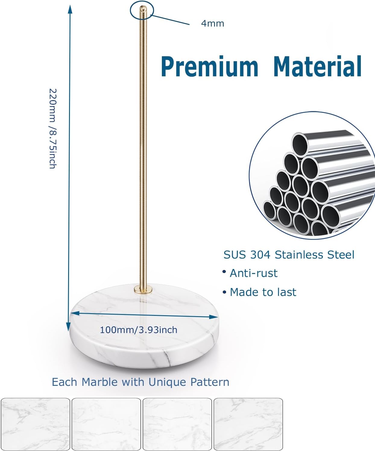 Stainless Steel Tumbler Lid Organizer With Marble Base for Stanley Cup/Yeti - Space-Saving Vertical Stacker for Up to 10 Lids, Clutter-Free Kitchen Cabinets and Countertops (Gold)