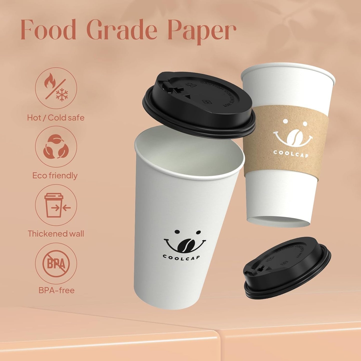 Coffee Cups with Lids and Sleeves, 16 oz 300 Pack To Go Cups with Lids, Paper Hot Cups for Hot & Cold Beverage (White, 16 oz)