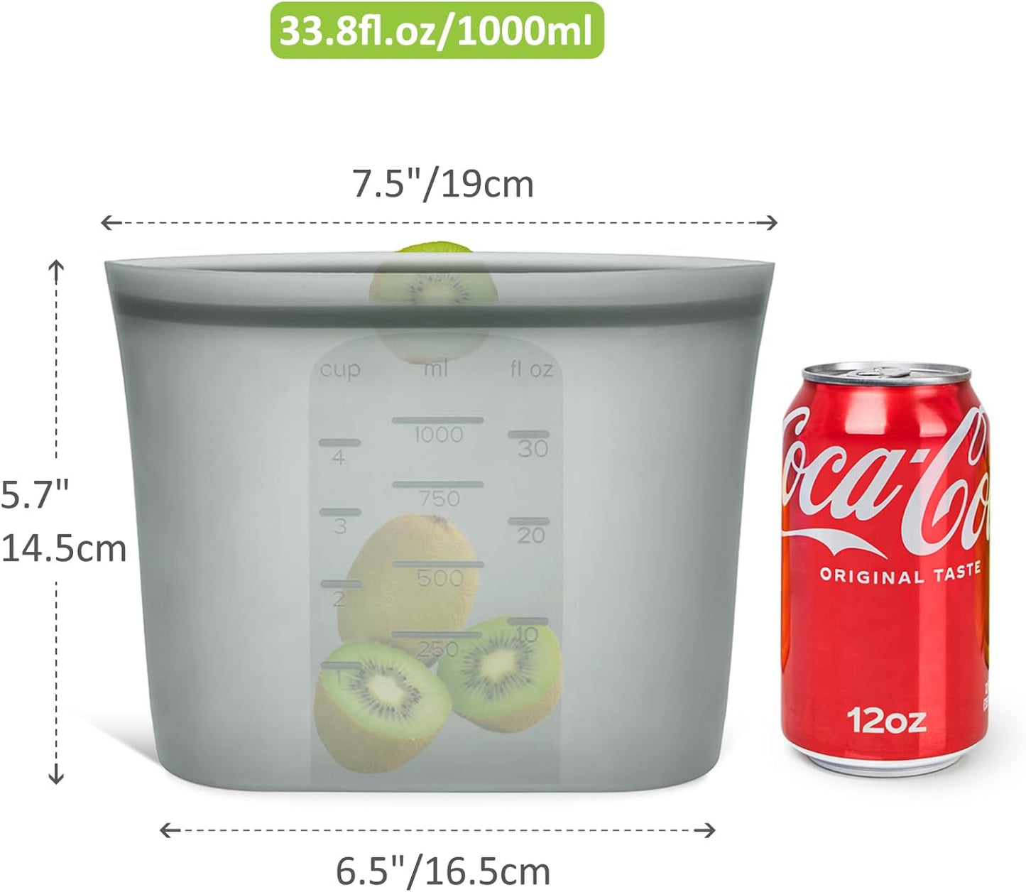 Reusable Storage Bags Quart Size, 4 Pack, 100% Silicone Stand Up Ziplock Reusable Silicone Food Storage Bags Sandwich Bags Containers, Freezer Microwave Oven Dishwasher Safe, Grey, 33.8fl.oz