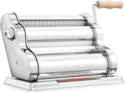 PASTALINDA Classic 260 Pasta Maker Machine, 26 cm Wide Rollers, 9 Thickness Positions, 2 Cutting Positions, Stainless Steel. Includes Reinforced Hand Crank And Two Clamps (Chrome)