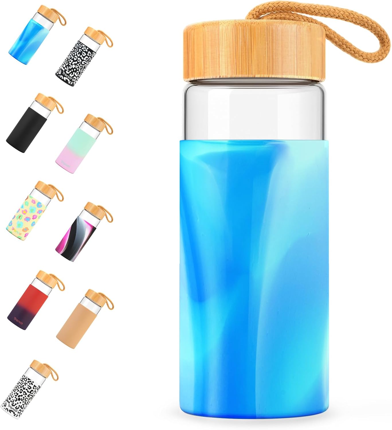 Tronco 20oz Borosilicate Glass Water Bottle with Bamboo Lid, Non-Slip Silicone Sleeve, Leak-Proof and Reusable Glass Bottle Perfect for gifts,Travel, Gym, and Everyday Use, BPA-Free, Dishwasher Safe