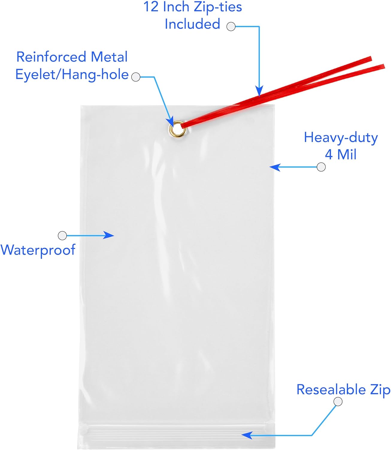 GPI - 10" x 13" Reclosable Zip Bags with Bottom Hang-hole & Pre-inserted 12" Twist-tie. 4 Mil Heavy-duty Resealable Zipper Baggy with Grommet/Metal Eyelet for Hanging (Insert Size 10x11.5) 1000 Pack