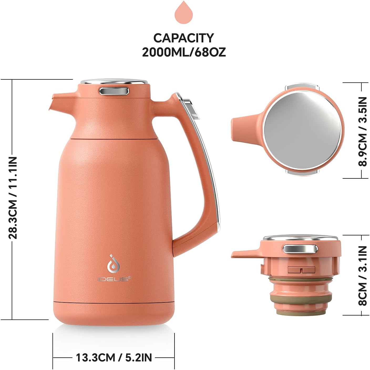 IDEUS Thermal Coffee Carafe 68oz (2,000ml), Stainless Steel Double Wall Insulated Vacuum Flask, Water Jug Coffee Server and Beverage Dispenser, Heat and Cold Retention (Coral, 68oz (2,000ml))