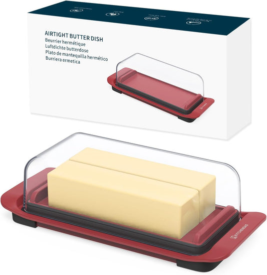 KITCHENDAO Airtight Butter Dish with Lid for Countertop and Fridge, Dishwasher Safe, BPA Free Wide Plastic Butter Keeper for 2 Sticks East Coast/West Coast/European Style/Kerrygold Butter, Red