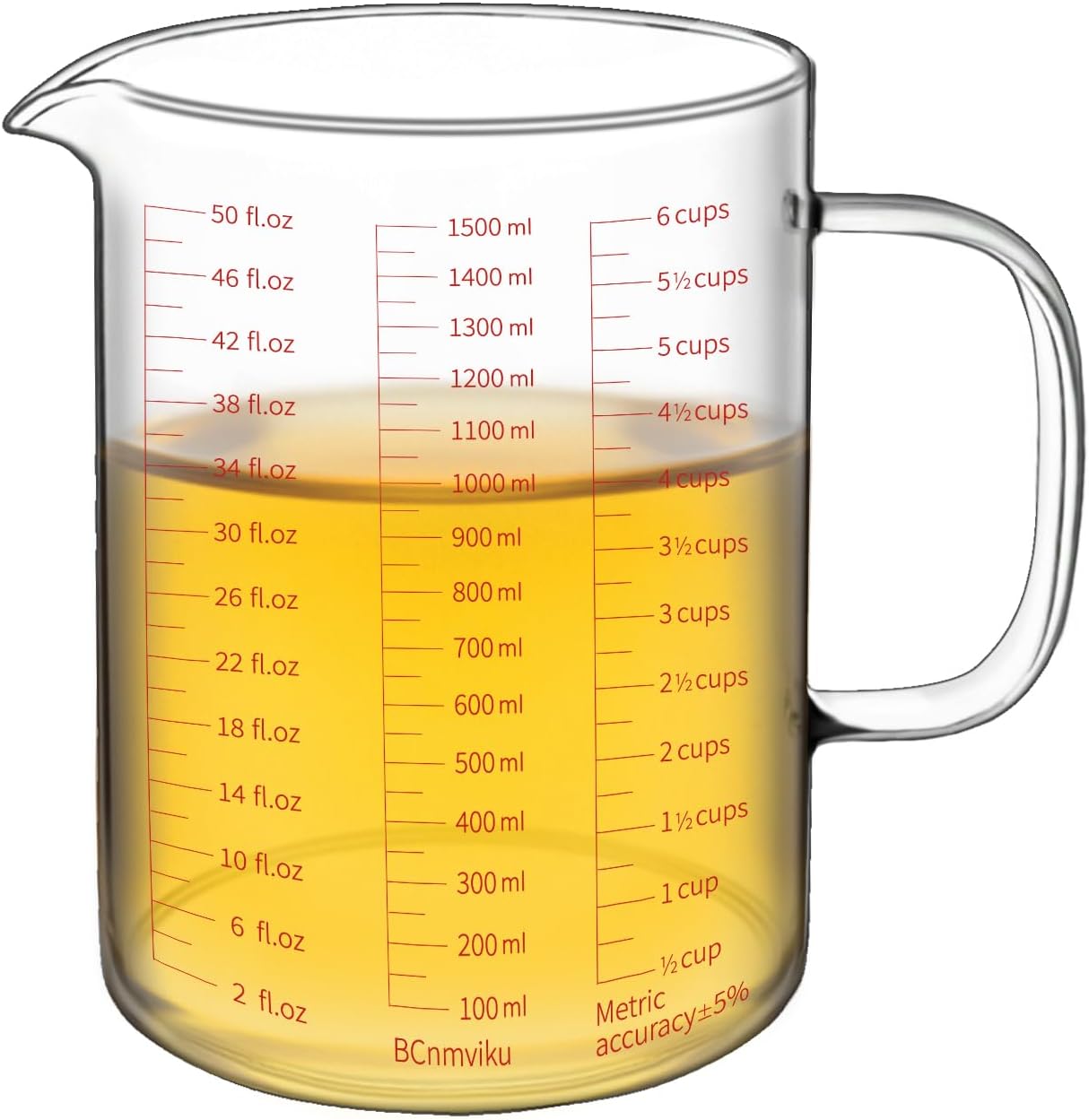 BCnmviku Glass Measuring Cups High Borosilicate [Insulated Handle | V-Shaped Spout]For Prepping Baking and Cooking Preheated Oven Dishwasher Freezer and Microwave Safe (1500ML)