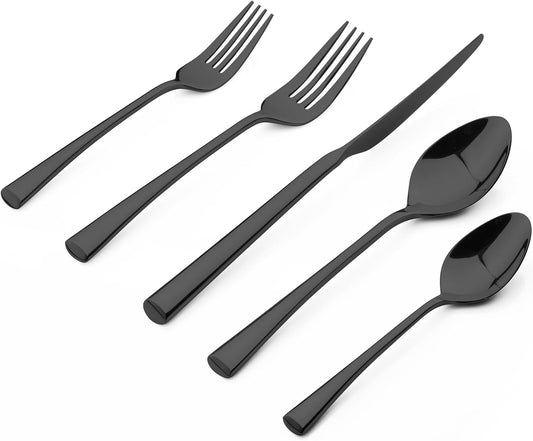 Alata Bailey Black 20-Piece Forged Stainless Steel Flatware Set Cutlery Set, Service for 4, Silver Finish, Dishwasher Safe
