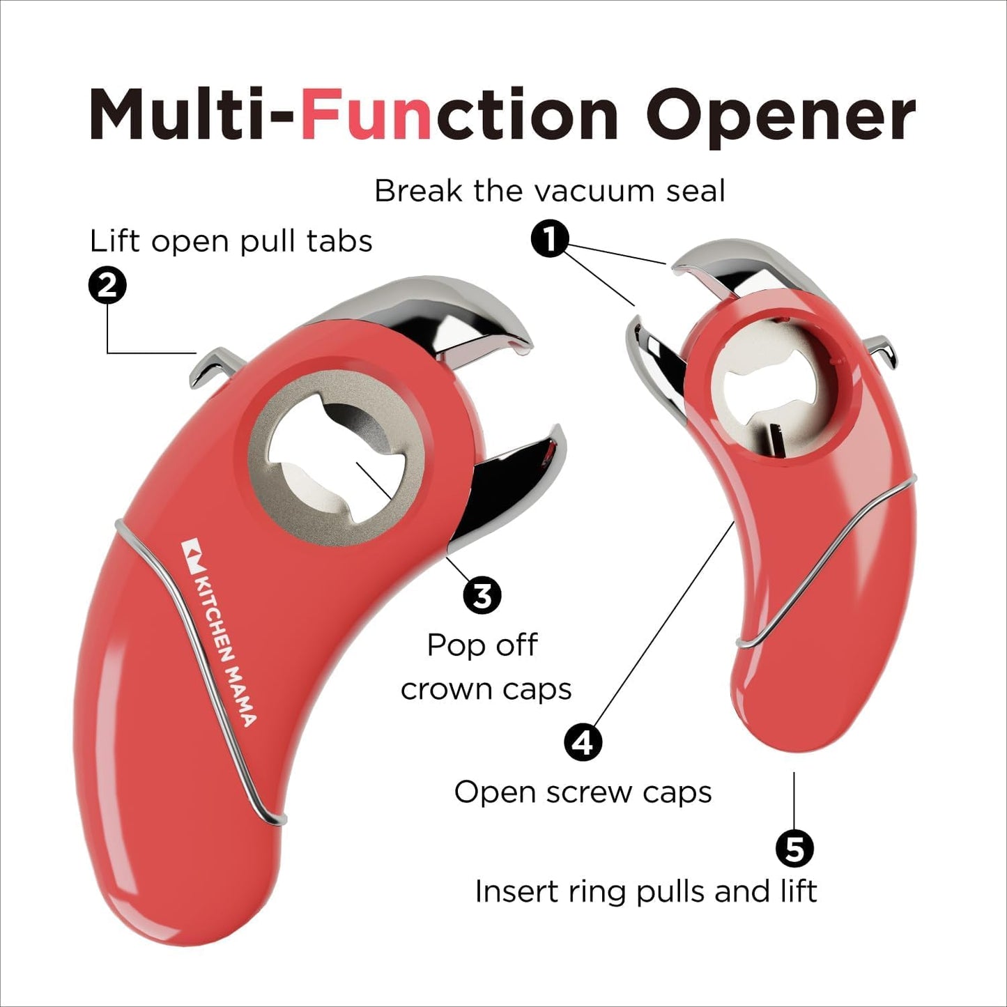 Kitchen Mama Epic One Multifunction Opener: Magnetic Bottle Opener, Beer Soda Opener, Effortless Jar Lid Opener for Seniors and Elderly with weak Hands and Arthritis, Essential Kitchen Gadget (Red)