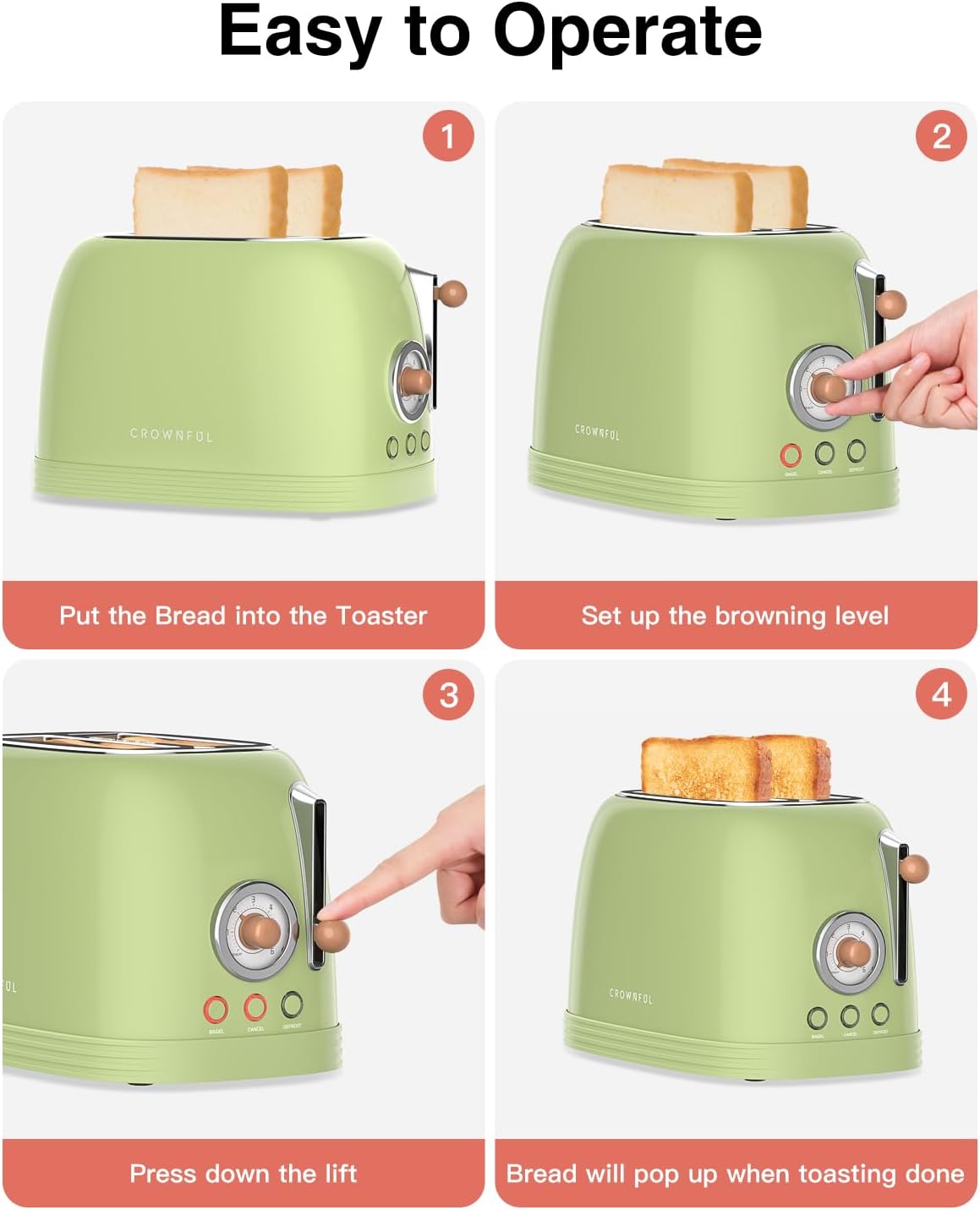 CROWNFUL 2-Slice Toaster, Extra Wide Slots Toaster, Retro Stainless Steel with Bagel, Cancel, Defrost, Reheat Function and 6-Shade Settings, Removal Crumb Tray, Green