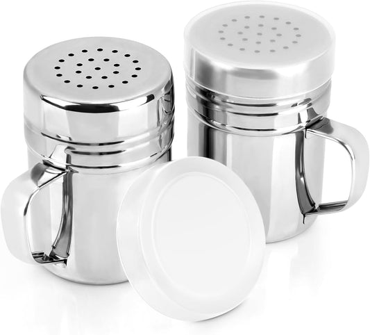 Accmor 2pcs Stainless Steel Dredge, Salt Pepper Dredge Shakers with Handle, Seasonings Spice Shakers with Lid, 6 Ounce