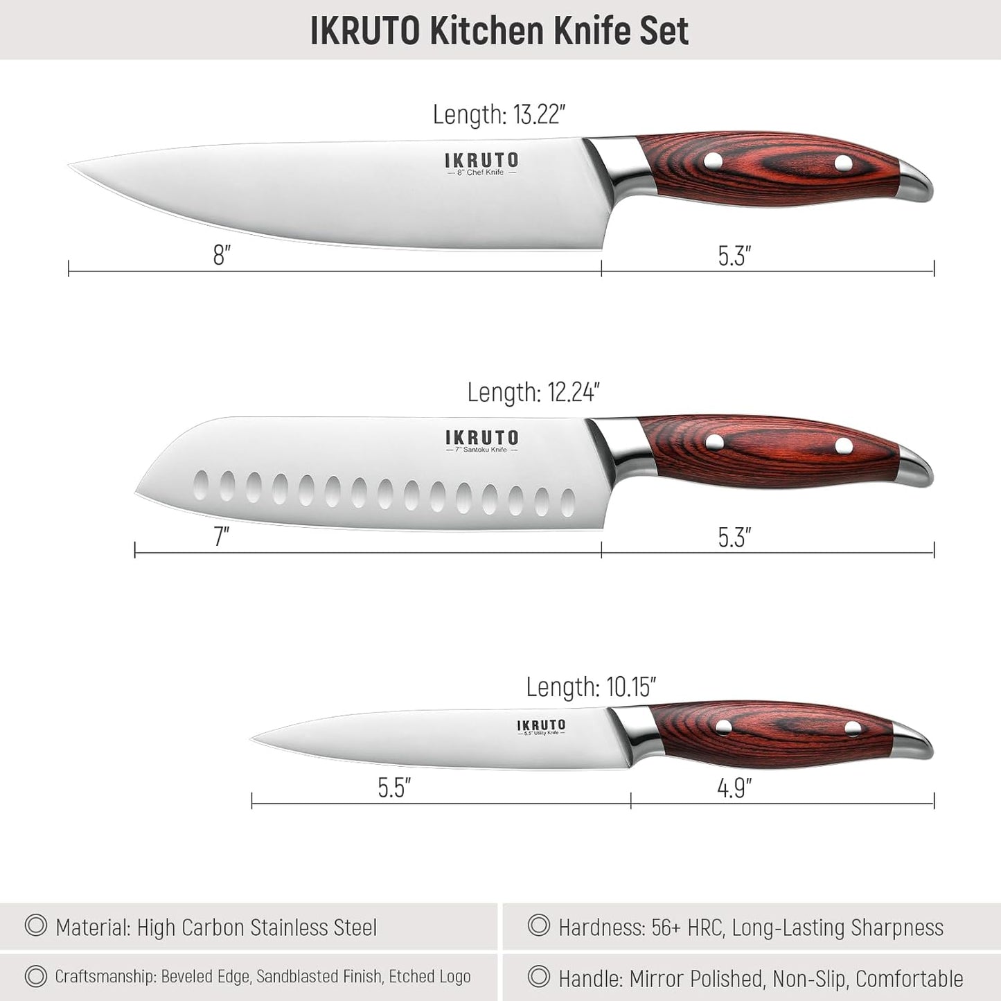 3-Piece Kitchen Knife Set – Includes Ultra-Sharp Chef Knife, High Carbon Stainless Steel Blades with Ergonomic Pakkawood Handles, Professional Knives Set for Kitchen, Elegant Gift Box