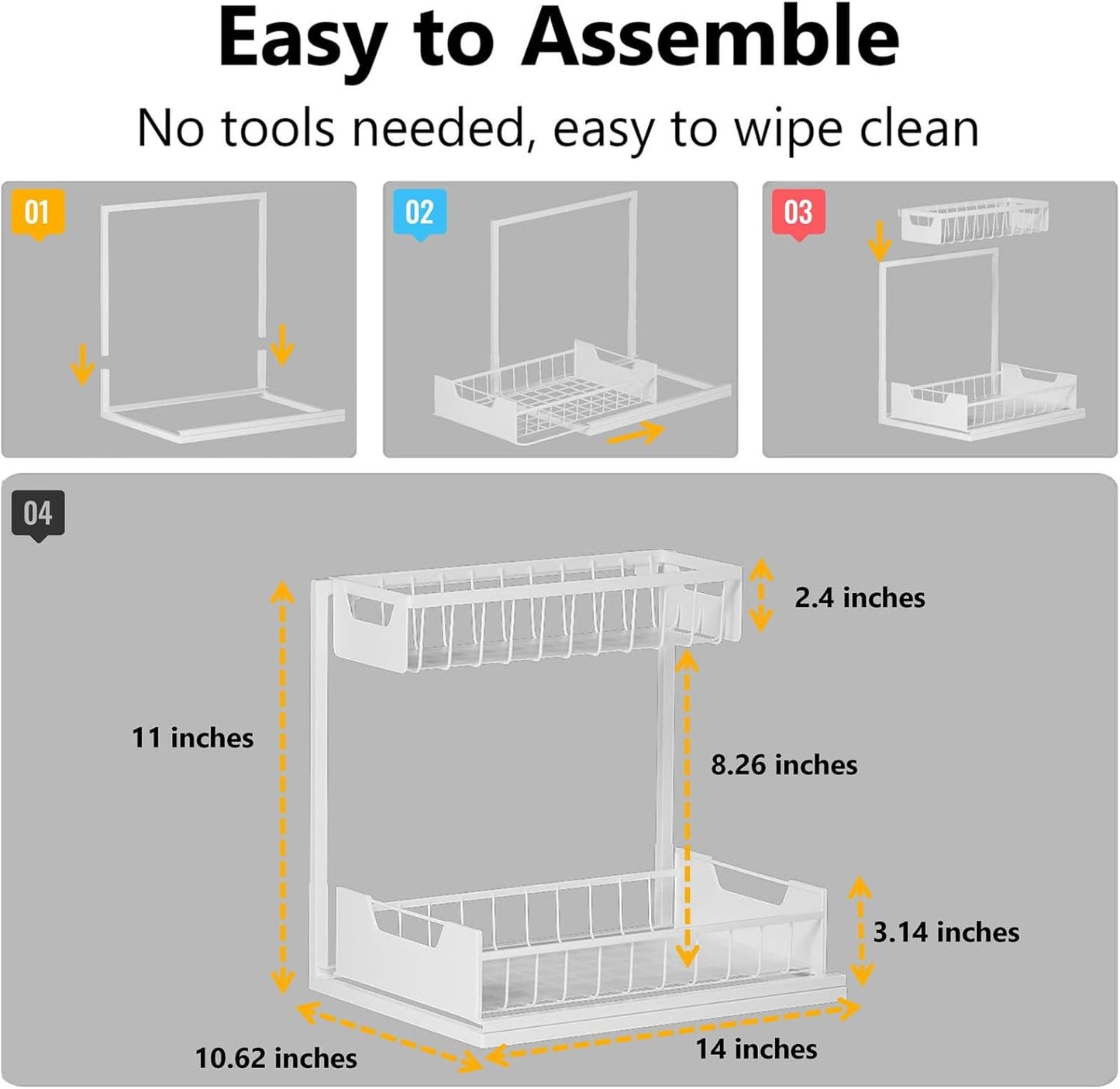 Under Kitchen Sink Organizers and Storage Pull Out 2 Tier Metal Bathroom Cabinet Organizer (White, 2 Pack)