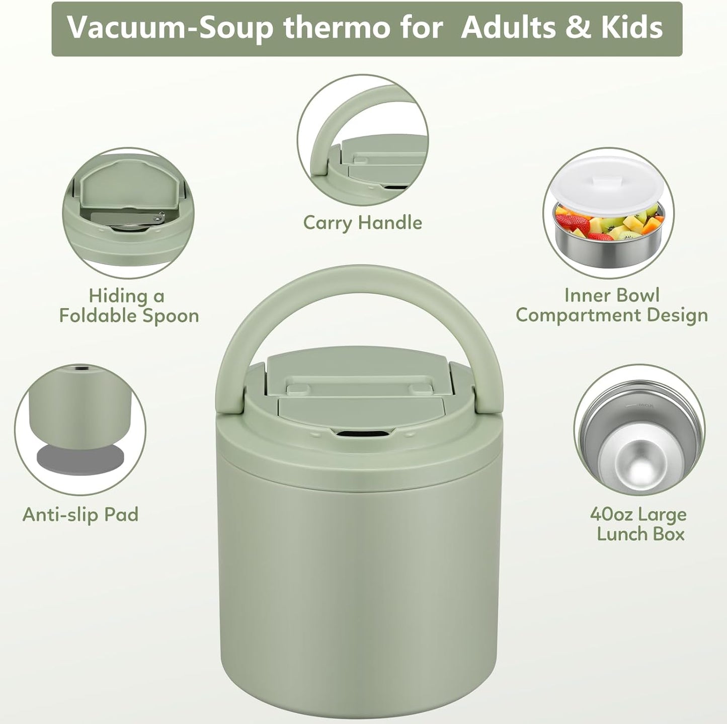 Soup Thermo for Hot Food Adults 40oz Lunch Containers Wide, Thermo Insulated Containers Leak Proof Vacuum Stainless Steel With Carry Handle and Spoon BPA Free (Green)